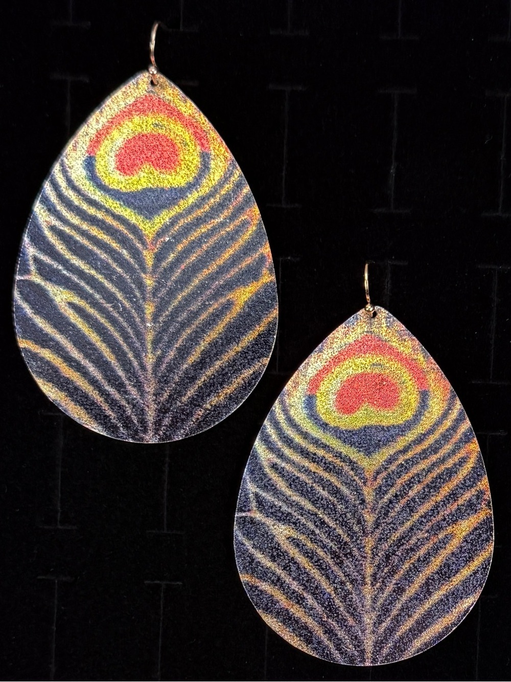 Large Vintage Teardrop Peacock Feather Pattern Pierced Earrings
